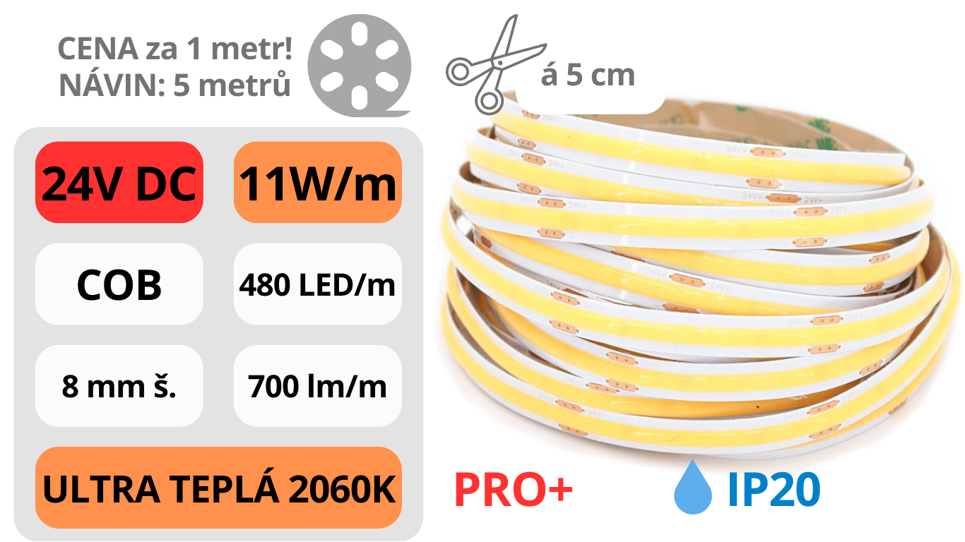 LED pásek COB 24V / 480LED / 11W / 2060K - ULTRA TEPLÁ BÍLÁ / IP20 / 8mm / PRO+